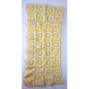 Handmade Crochet Granny Square Baby Blanket Yellow Cream Wool Blend Floral 39x41